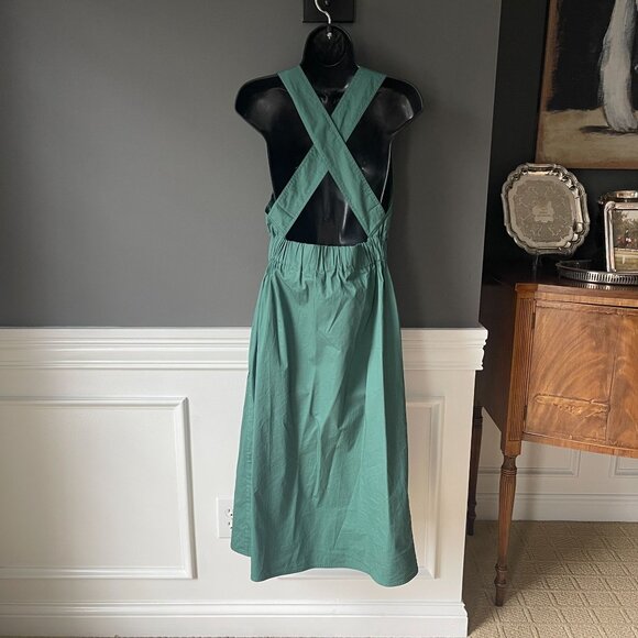 Everlane Emerald Green Clean Cotton Cross-Back Apron Midi Dress Size 2 - Picture 5 of 7